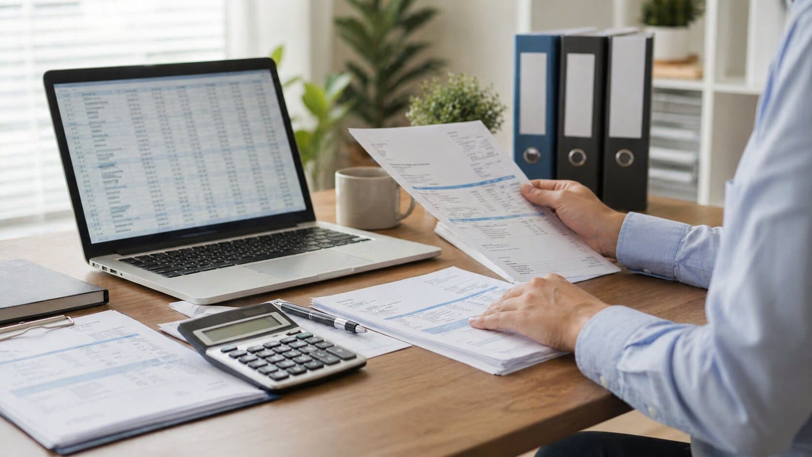 Invoice pages, calculator, and a spreadsheet open on a laptop for PDF to Excel review.