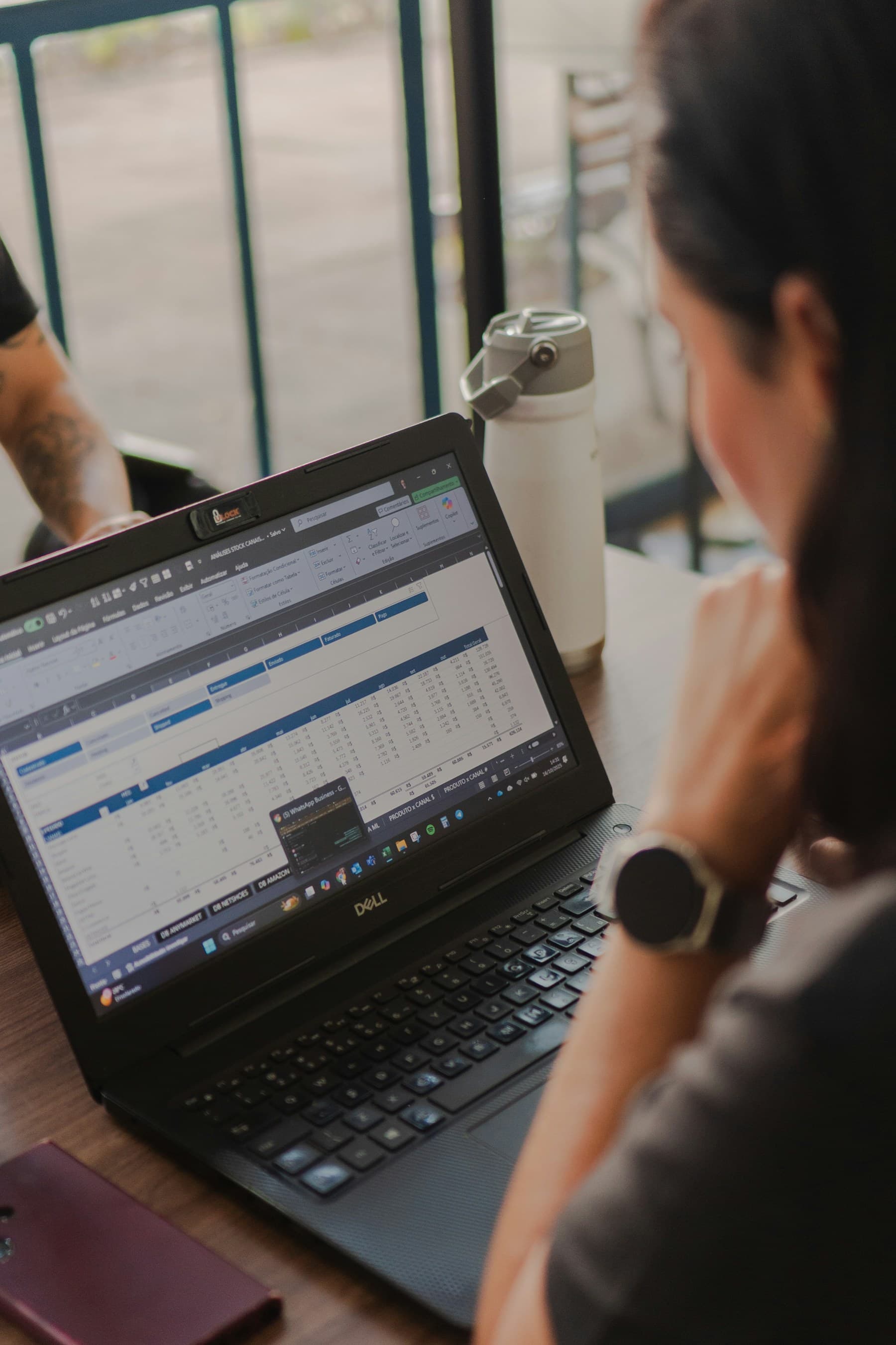 A person reviewing spreadsheet data on a laptop.