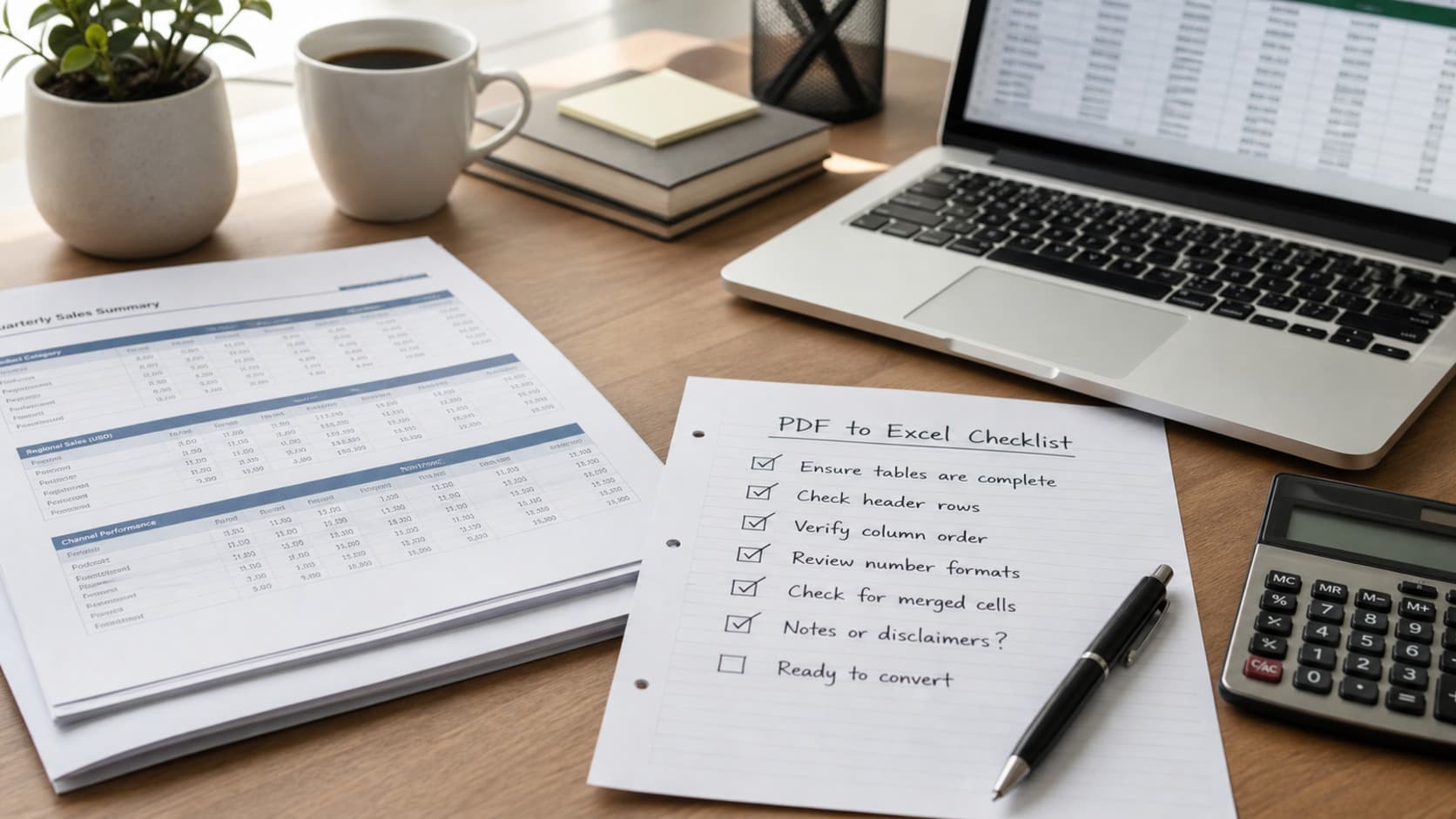 Desk scene with a PDF table, conversion checklist, calculator, and spreadsheet review setup.