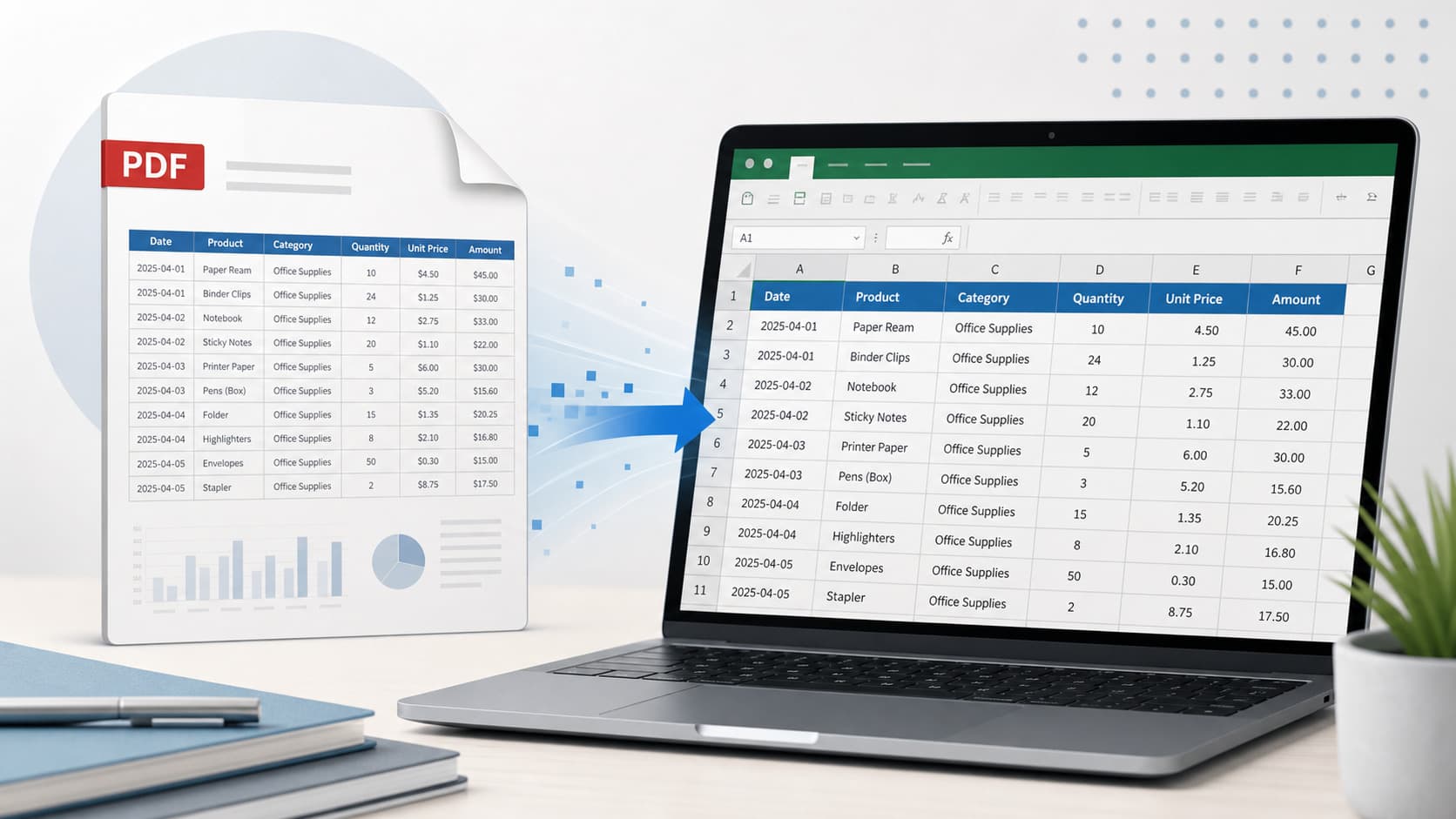 Editorial illustration of a PDF table flowing into a clean spreadsheet workbook.