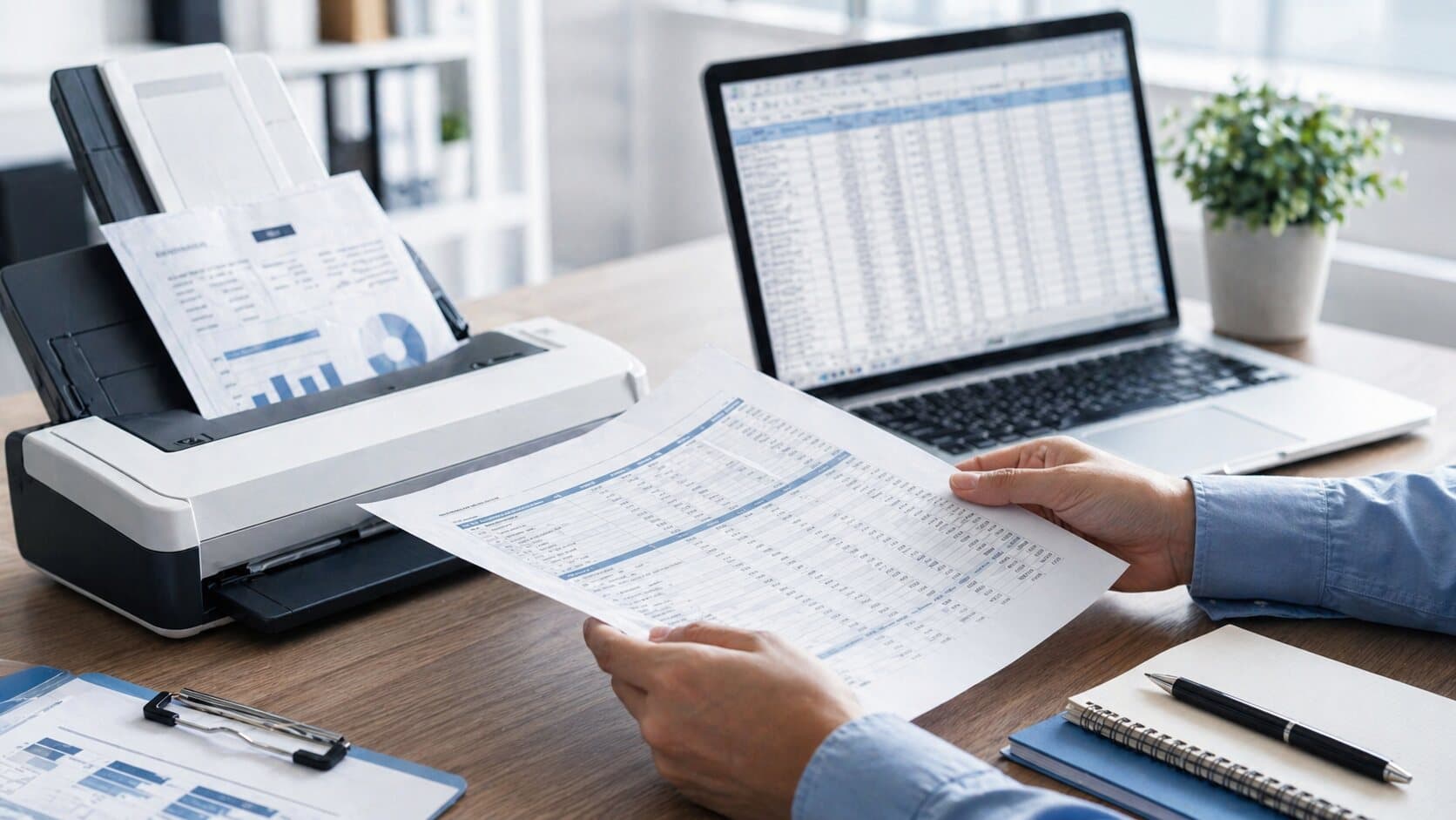 A scanned report page beside a document scanner and spreadsheet on a laptop.